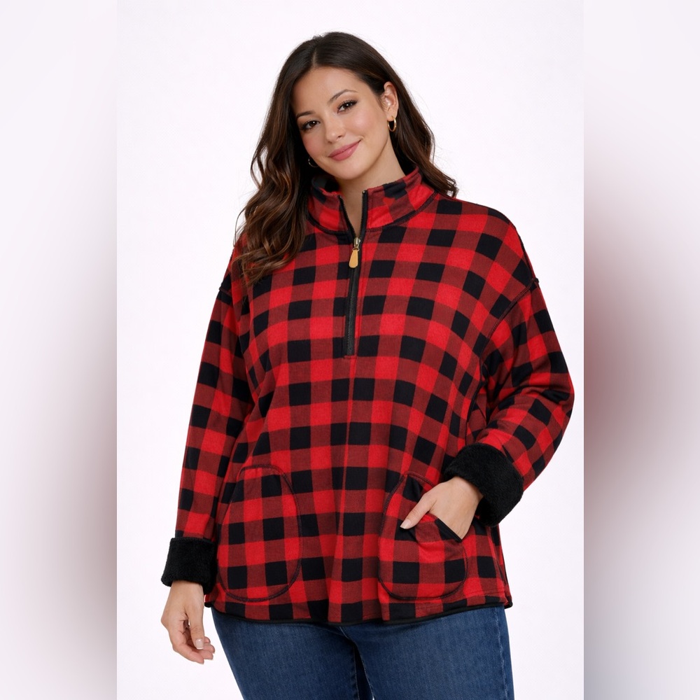 Buffalo Plaid Reversible Fleece Pullover Quarter Zip Jacket Size Large